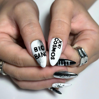 Kpop Concert Press On Nails with Silver Chrome | Black White Crown Nail Art | Korean Pop Fan Nails for Concert, Music Festival | OB503UC