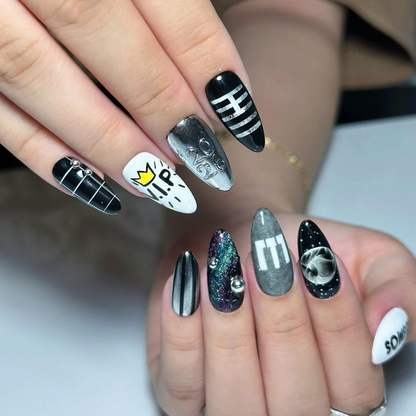 Kpop Concert Press On Nails with Silver Chrome | Black White Crown Nail Art | Korean Pop Fan Nails for Concert, Music Festival | OB503UC