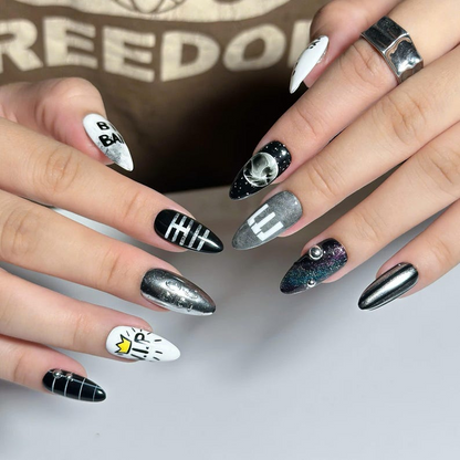 Kpop Concert Press On Nails with Silver Chrome | Black White Crown Nail Art | Korean Pop Fan Nails for Concert, Music Festival | OB503UC