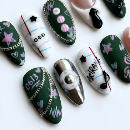 Kpop Concert Press On Nails, Idol Inspired Nail Art, Green Fandom Nails, Handmade Gel Statement Manicure, OB460UC