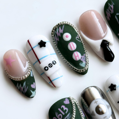 Kpop Concert Press On Nails, Idol Inspired Nail Art, Green Fandom Nails, Handmade Gel Statement Manicure, OB460UC
