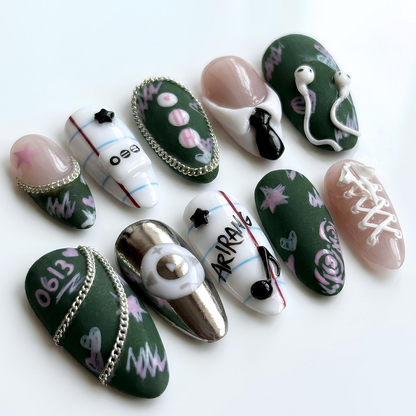Kpop Concert Press On Nails, Idol Inspired Nail Art, Green Fandom Nails, Handmade Gel Statement Manicure, OB460UC
