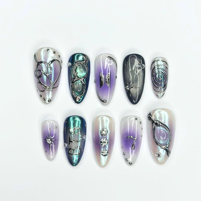 Kpop Press On Nails with Purple Aura & Silver Charms | 7 Member Inspired Chrome Nails | Korean Pop Concert Nails for Fan Gift | OB495UC