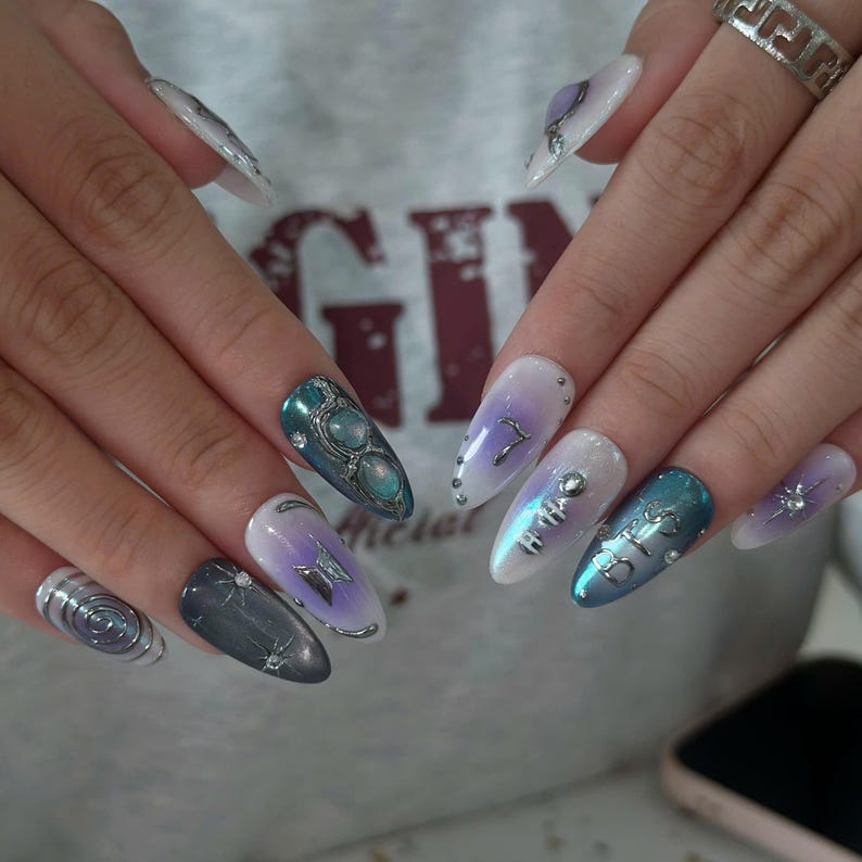 Kpop Press On Nails with Purple Aura & Silver Charms | 7 Member Inspired Chrome Nails | Korean Pop Concert Nails for Fan Gift | OB495UC