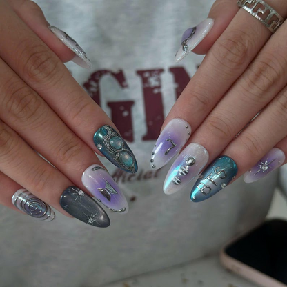 Kpop Press On Nails with Purple Aura & Silver Charms | 7 Member Inspired Chrome Nails | Korean Pop Concert Nails for Fan Gift | OB495UC