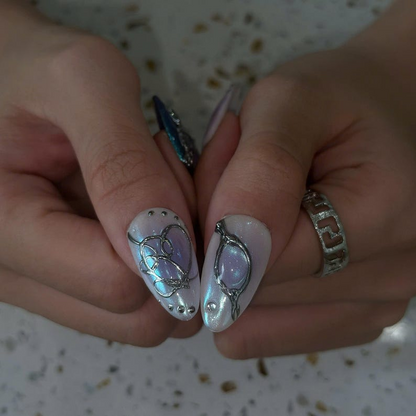 Kpop Press On Nails with Purple Aura & Silver Charms | 7 Member Inspired Chrome Nails | Korean Pop Concert Nails for Fan Gift | OB495UC