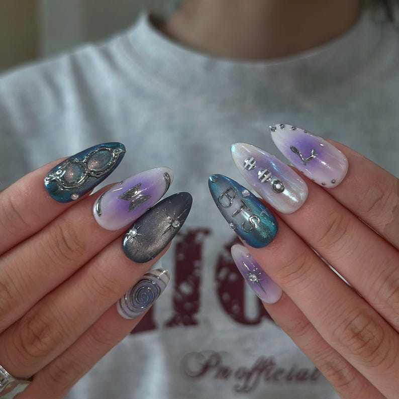 Kpop Press On Nails with Purple Aura & Silver Charms | 7 Member Inspired Chrome Nails | Korean Pop Concert Nails for Fan Gift | OB495UC