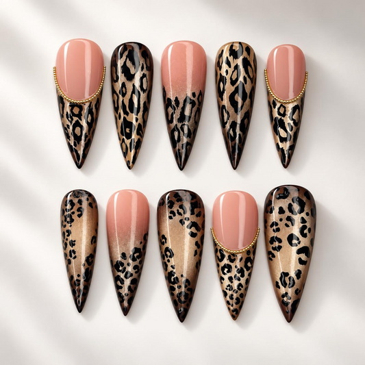 Leopard print stiletto press on nails, metallic gold animal print, nude French, fall manicure | OB717XI