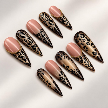 Leopard print stiletto press on nails, metallic gold animal print, nude French, fall manicure | OB717XI