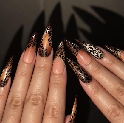 Leopard print stiletto press on nails, metallic gold animal print, nude French, fall manicure | OB717XI