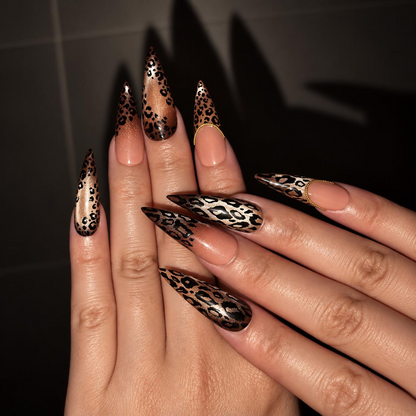 Leopard print stiletto press on nails, metallic gold animal print, nude French, fall manicure | OB717XI