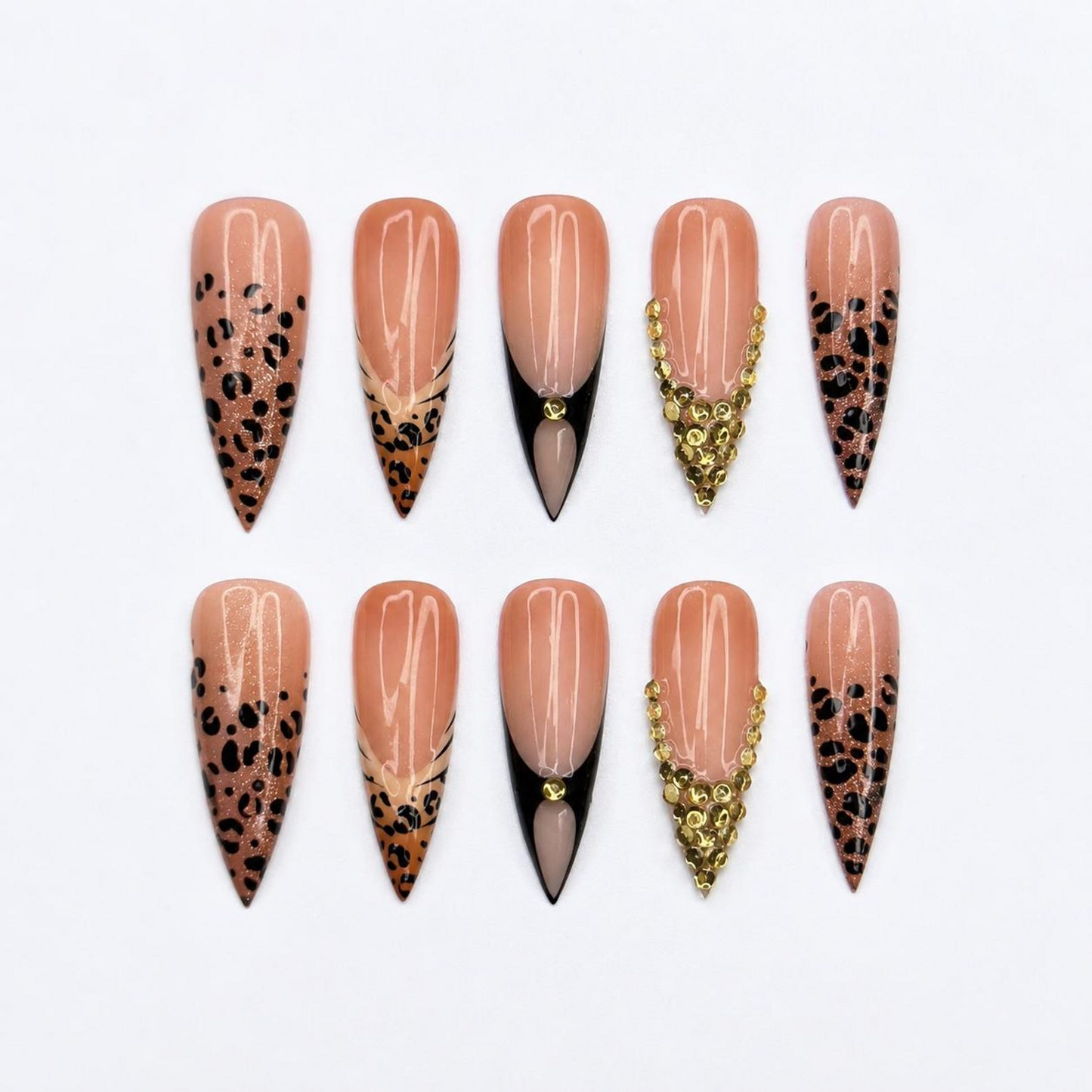 Luxury Leopard Press On Nails with Gold Rhinestones | Nude French Tip Animal Print Nails | Glam Statement Manicure | OC464JC