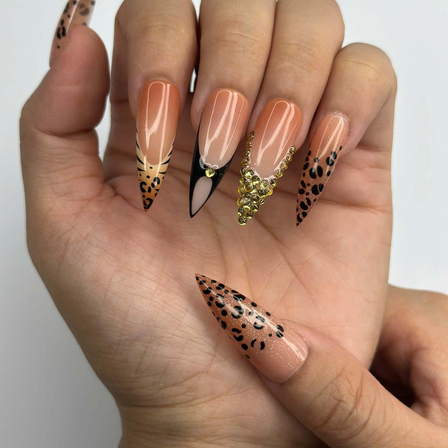 Luxury Leopard Press On Nails with Gold Rhinestones | Nude French Tip Animal Print Nails | Glam Statement Manicure | OC464JC