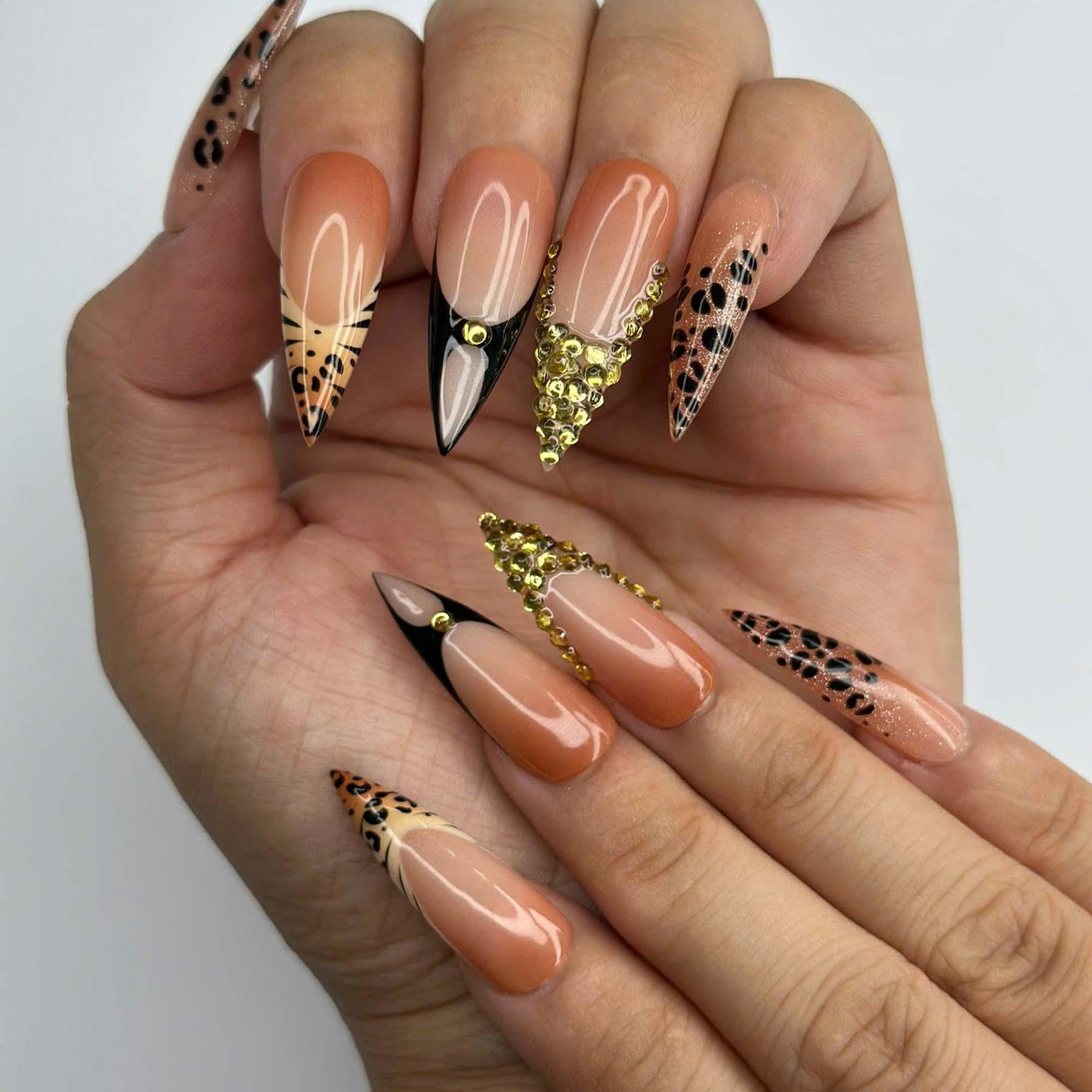 Luxury Leopard Press On Nails with Gold Rhinestones | Nude French Tip Animal Print Nails | Glam Statement Manicure | OC464JC
