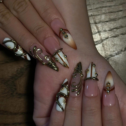 Luxury Press On Nails, 3D Gold Jewelry Nails, Nude Brown French Tips, Sculptural Gold Long Almond Nails, OB677UC