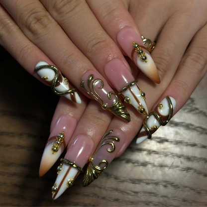 Luxury Press On Nails, 3D Gold Jewelry Nails, Nude Brown French Tips, Sculptural Gold Long Almond Nails, OB677UC