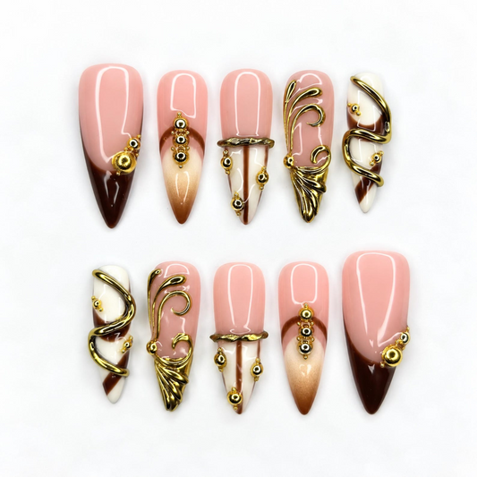 Luxury Press On Nails, 3D Gold Jewelry Nails, Nude Brown French Tips, Sculptural Gold Long Almond Nails, OB677UC