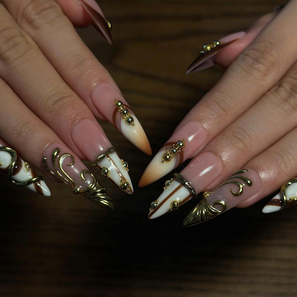 Luxury Press On Nails, 3D Gold Jewelry Nails, Nude Brown French Tips, Sculptural Gold Long Almond Nails, OB677UC