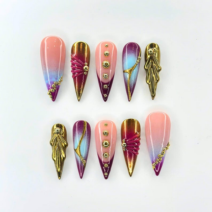 Luxury Press On Nails with Gold Jewelry Charms | Burgundy 3D Long Stiletto Nails | Elegant Chrome Nail Art for Fall, Party | OC488UC