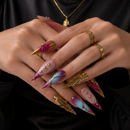 Luxury Press On Nails with Gold Jewelry Charms | Burgundy 3D Long Stiletto Nails | Elegant Chrome Nail Art for Fall, Party | OC488UC