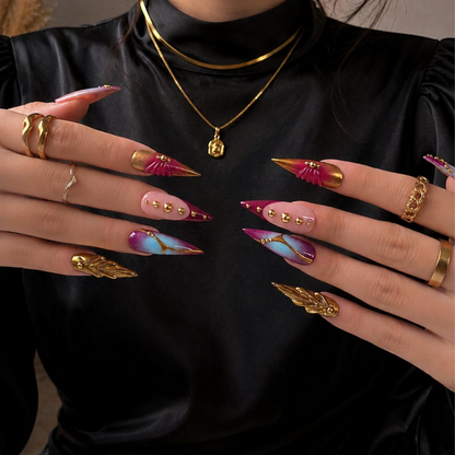 Luxury Press On Nails with Gold Jewelry Charms | Burgundy 3D Long Stiletto Nails | Elegant Chrome Nail Art for Fall, Party | OC488UC