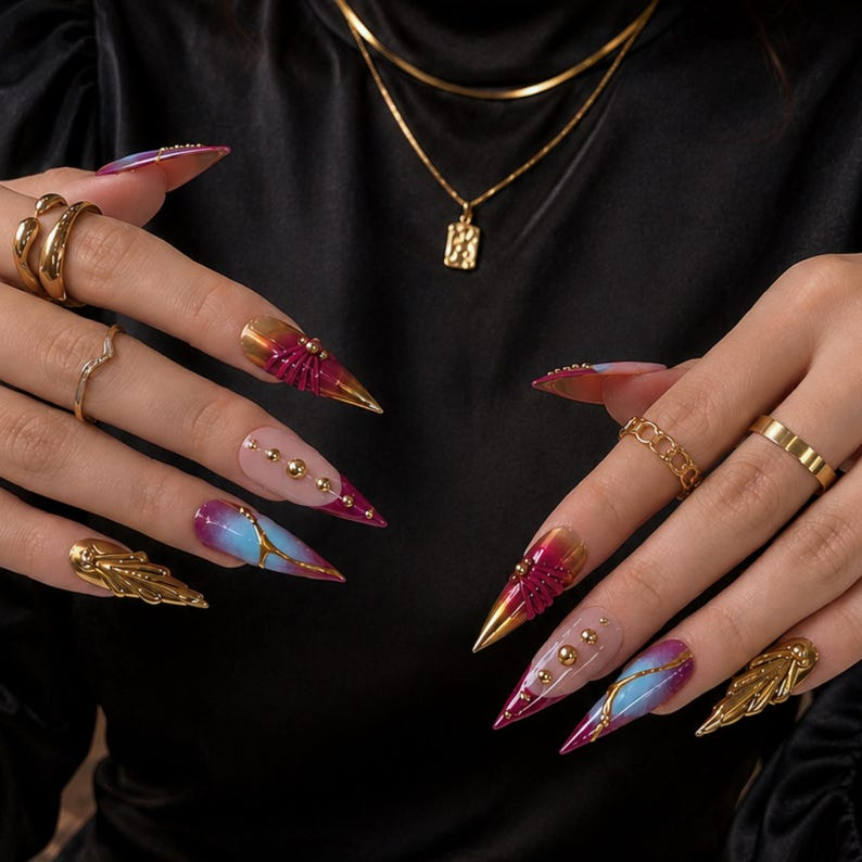 Luxury Press On Nails with Gold Jewelry Charms | Burgundy 3D Long Stiletto Nails | Elegant Chrome Nail Art for Fall, Party | OC488UC
