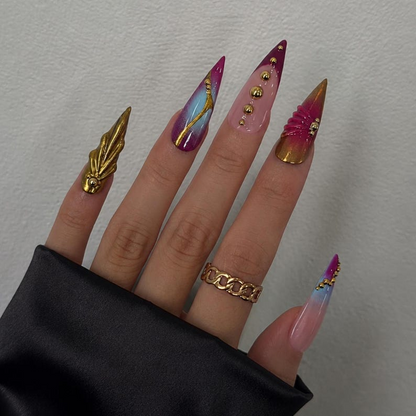 Luxury Press On Nails with Gold Jewelry Charms | Burgundy 3D Long Stiletto Nails | Elegant Chrome Nail Art for Fall, Party | OC488UC