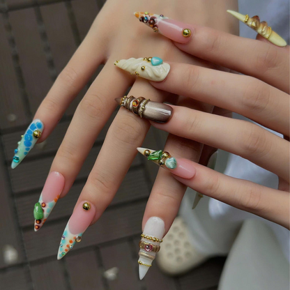 Luxury Press On Nails with Sage Green Gemstones | Elegant Nude Fake Nails in Stiletto Shape | Handmade Nail Art for Fall, Everyday| OB1392UG