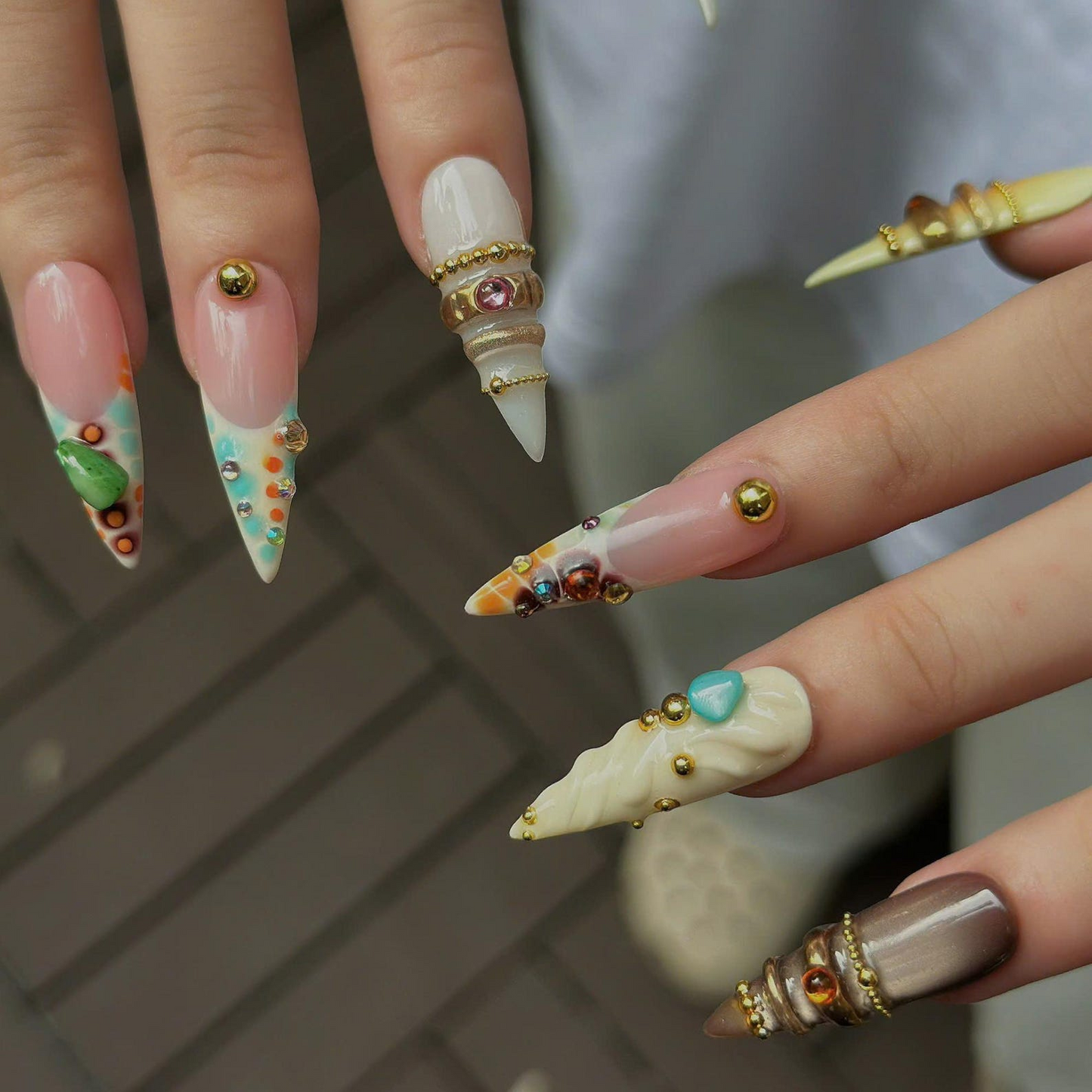 Luxury Press On Nails with Sage Green Gemstones | Elegant Nude Fake Nails in Stiletto Shape | Handmade Nail Art for Fall, Everyday| OB1392UG