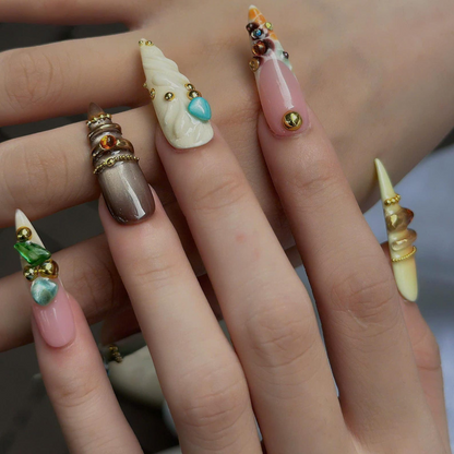 Luxury Press On Nails with Sage Green Gemstones | Elegant Nude Fake Nails in Stiletto Shape | Handmade Nail Art for Fall, Everyday| OB1392UG