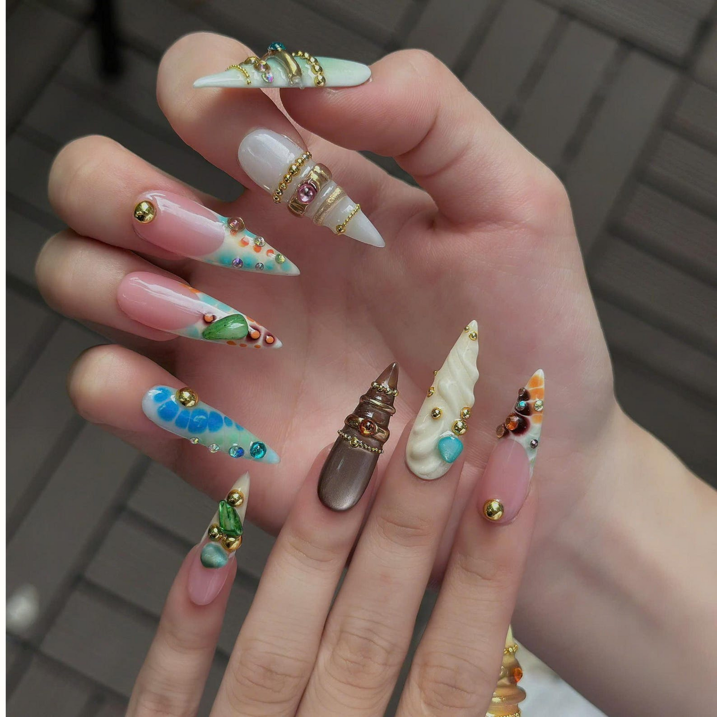 Luxury Press On Nails with Sage Green Gemstones | Elegant Nude Fake Nails in Stiletto Shape | Handmade Nail Art for Fall, Everyday| OB1392UG
