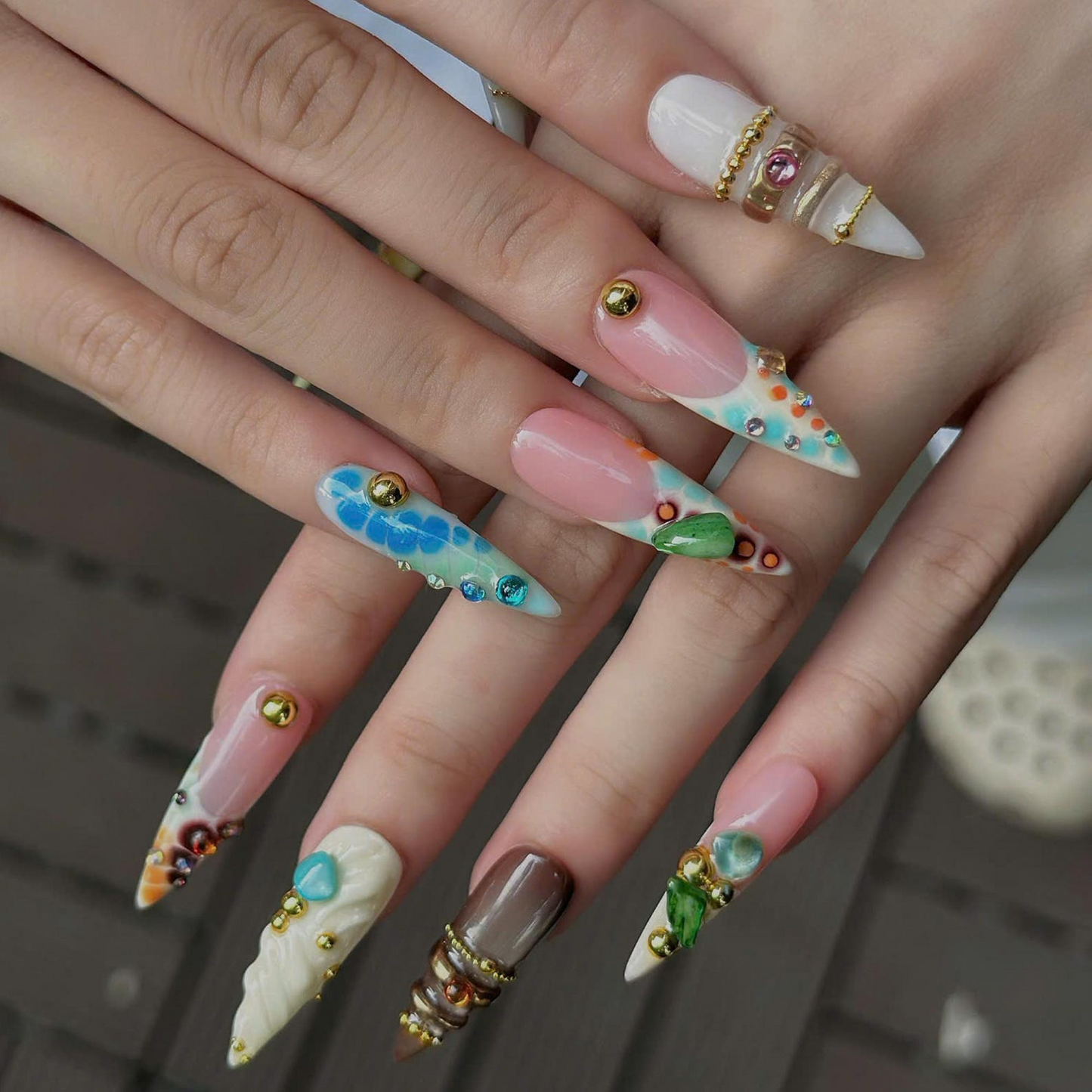 Luxury Press On Nails with Sage Green Gemstones | Elegant Nude Fake Nails in Stiletto Shape | Handmade Nail Art for Fall, Everyday| OB1392UG