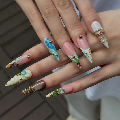 Luxury Press On Nails with Sage Green Gemstones | Elegant Nude Fake Nails in Stiletto Shape | Handmade Nail Art for Fall, Everyday| OB1392UG