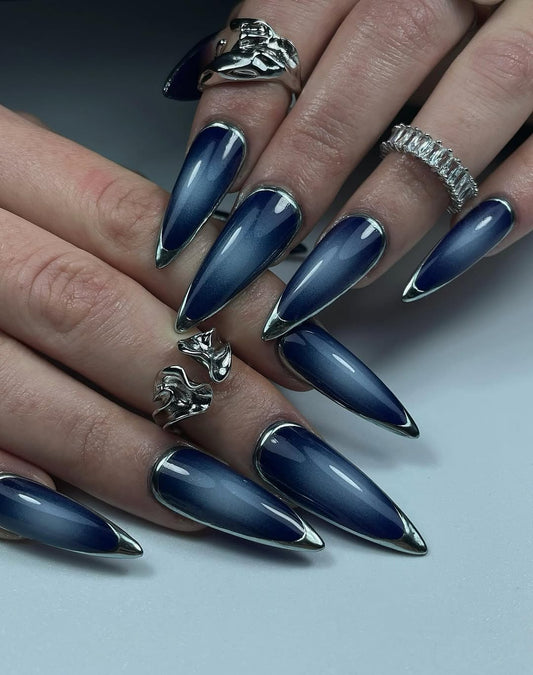 Aura Press On Nails by jnvdnailz | Midnight Blue Stiletto Nails | Metallic Silver Chrome French Border Nails | Y2K Cyberpunk Fake Nails | OB02J