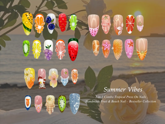 Combo Summer Vibes Press On Nails | 3D Tropical Fruit Nail Art | Handmade Kiwi, Watermelon & Citrus Nails | Beach Vacation Nail Set | Bestseller Summer Nails