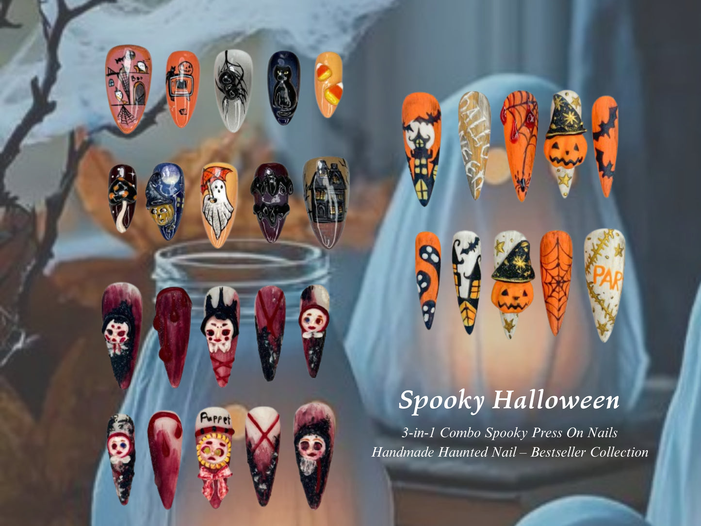 Combo Spooky Halloween Press On Nails | 3D Haunted House Nail Art | Pumpkin, Ghost & Skull Nails | Handmade Creepy Cute Nail Set | Bestseller Halloween Nails