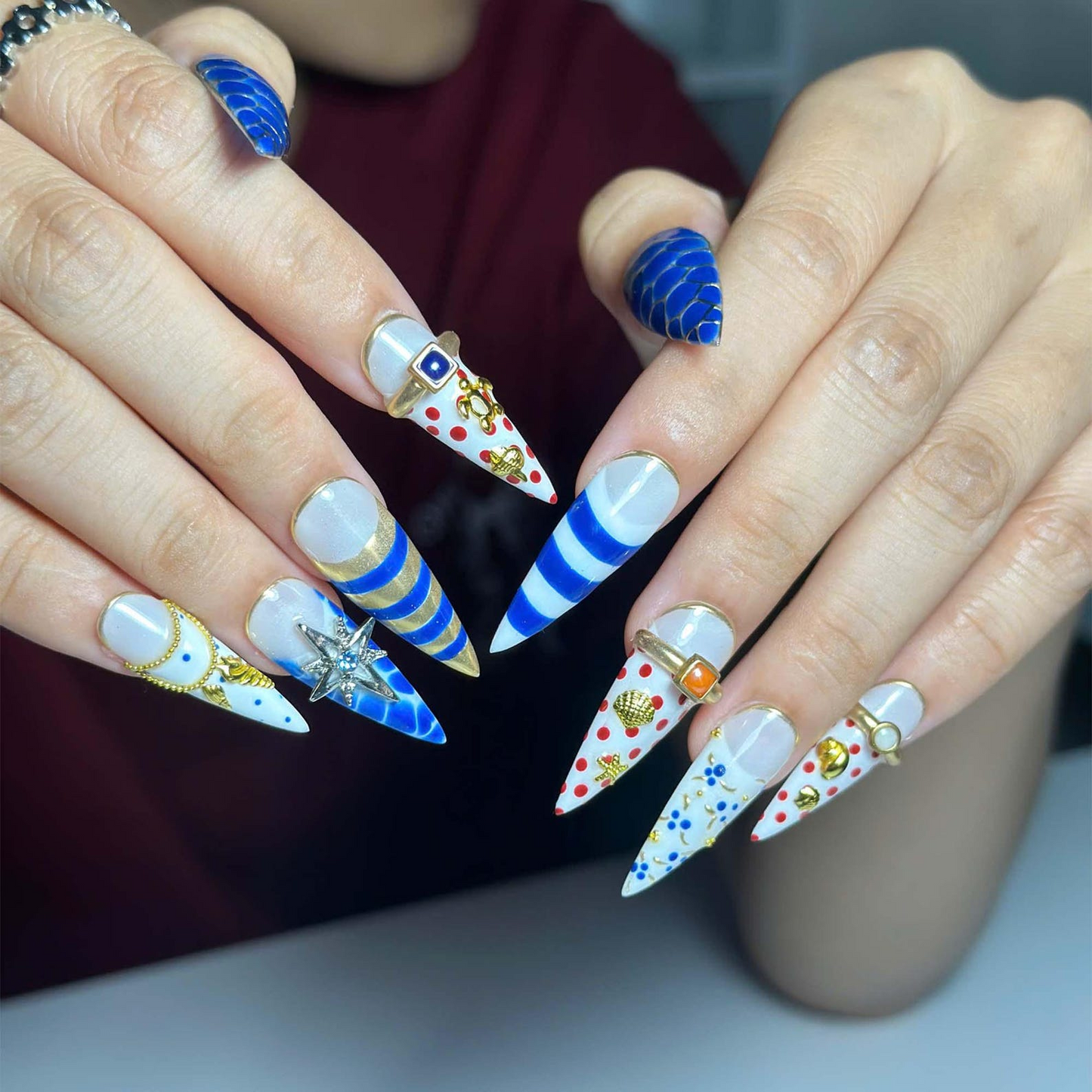 Nautical Press On Nails with Sea Shell & Starfish | Blue White Coastal Nail Set | Luxury Yacht Club Summer Nails | OC1387JG