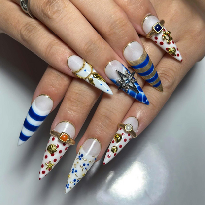Nautical Press On Nails with Sea Shell & Starfish | Blue White Coastal Nail Set | Luxury Yacht Club Summer Nails | OC1387JG