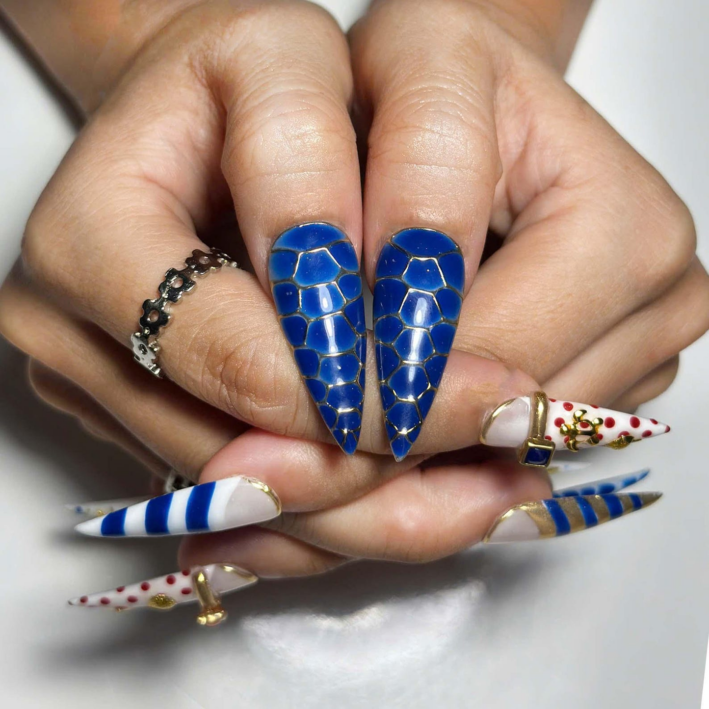 Nautical Press On Nails with Sea Shell & Starfish | Blue White Coastal Nail Set | Luxury Yacht Club Summer Nails | OC1387JG