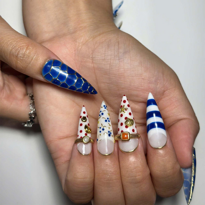 Nautical Press On Nails with Sea Shell & Starfish | Blue White Coastal Nail Set | Luxury Yacht Club Summer Nails | OC1387JG