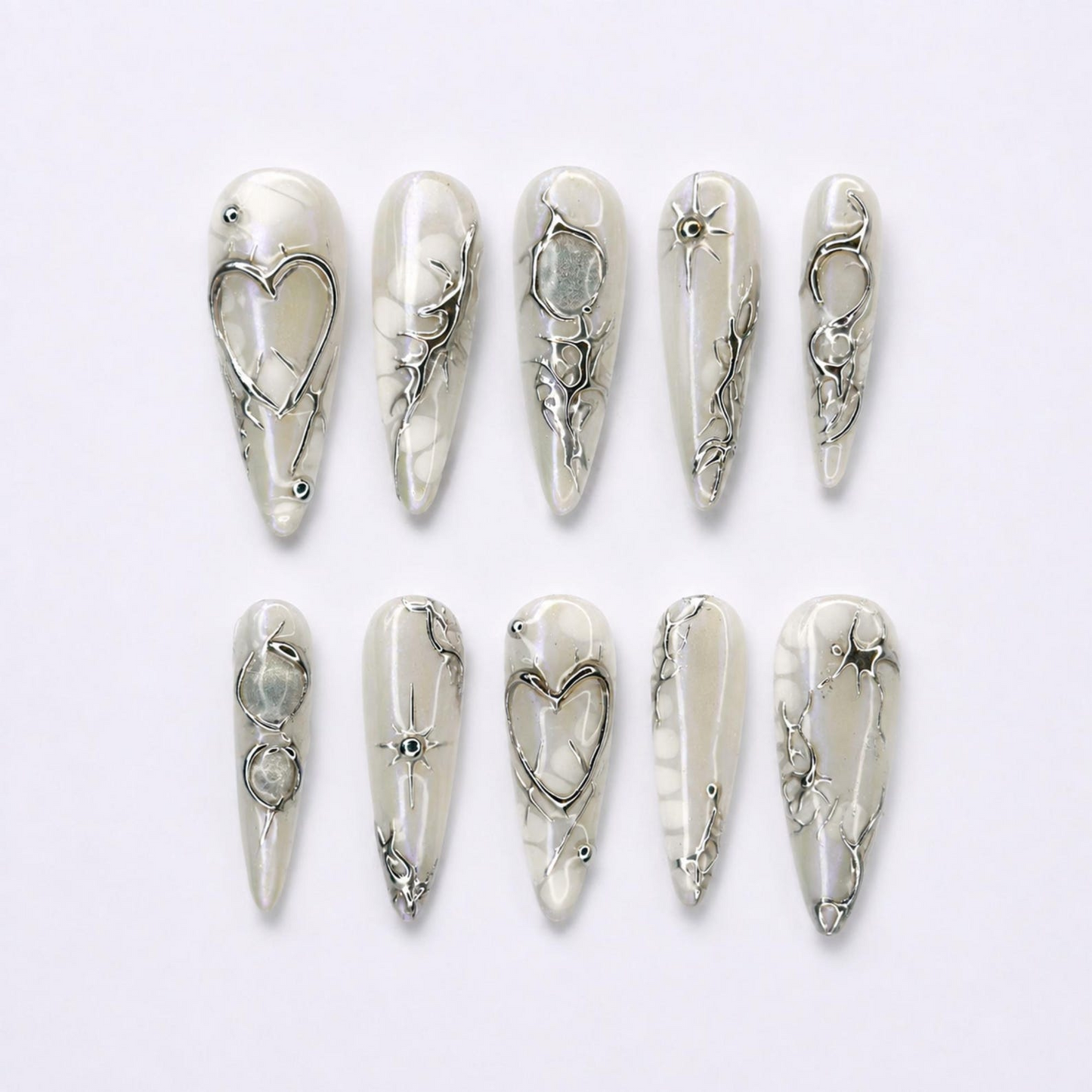 Pearl White Press On Nails with Silver Heart , 3D Chrome Fake Nails , Handmade Luxury Nails for Wedding, Party , Press on nails set, OB468W