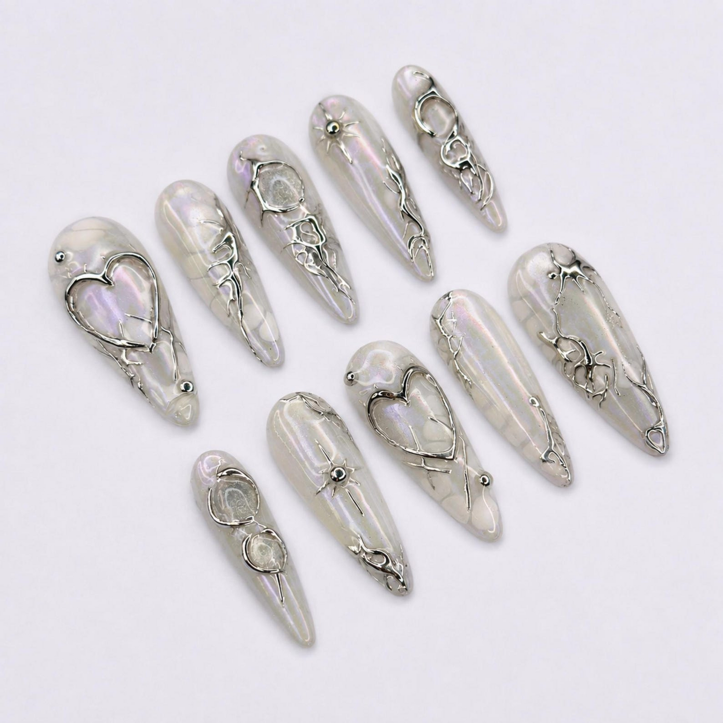 Pearl White Press On Nails with Silver Heart , 3D Chrome Fake Nails , Handmade Luxury Nails for Wedding, Party , Press on nails set, OB468W