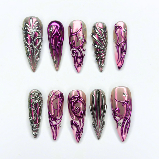 Pink Chrome Y2K Press On Nails with 3D Metallic Wings | Cyber Gothic Swirl NailArt | Silver Gunmetal Chrome | Long Stiletto Nails | OB1489UI