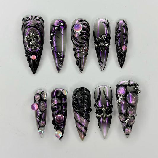 Pink Gothic Press On Nails, Ghost Spider Web Nails, Black Heart 3D Floral Nails, Gold Charm Halloween Nails, Witchy Fake Nails | OB457XC
