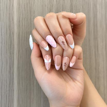 Pink Gothic Press On Nails with Spider Art , Long Almond Handmade Nails , Halloween, Coquette, Gothic, Holiday Press on nail set | OB474WC