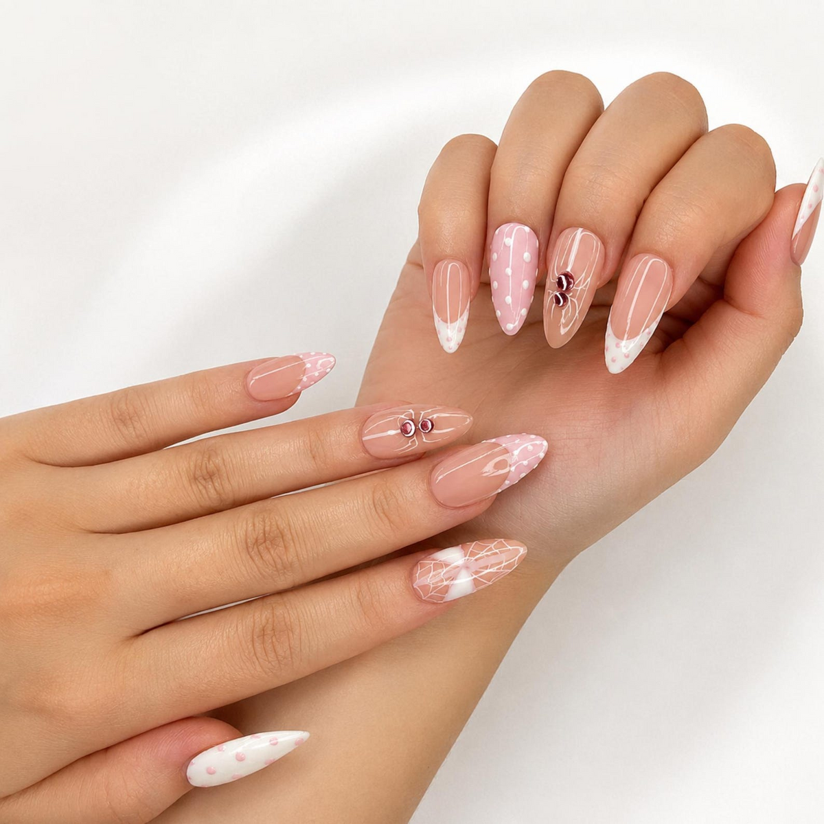 Pink Gothic Press On Nails with Spider Art , Long Almond Handmade Nails , Halloween, Coquette, Gothic, Holiday Press on nail set | OB474WC