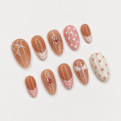 Pink Gothic Press On Nails with Spider Art , Long Almond Handmade Nails , Halloween, Coquette, Gothic, Holiday Press on nail set | OB474WC
