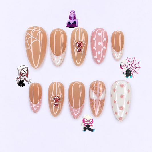 Pink Gothic Press On Nails with Spider Art , Long Almond Handmade Nails , Halloween, Coquette, Gothic, Holiday Press on nail set | OB474WC