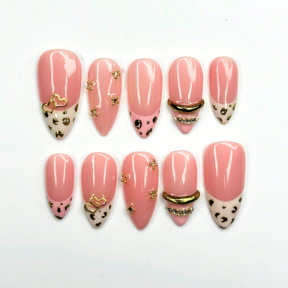Pink Leopard Press On Nails with Gold Heart Charms | Animal Print French Tip Nails | 3D Rhinestone Handmade Nail Art | OB521UA