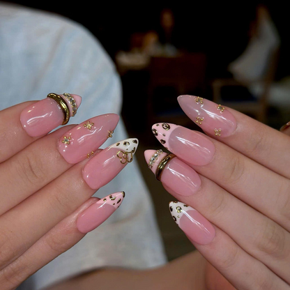 Pink Leopard Press On Nails with Gold Heart Charms | Animal Print French Tip Nails | 3D Rhinestone Handmade Nail Art | OB521UA